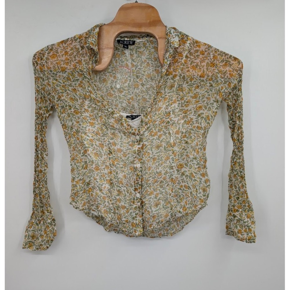 J. Crew Crinkle Chiffon Button Up Shirt Long Sleeve Floral Vines Women's NWOT 6